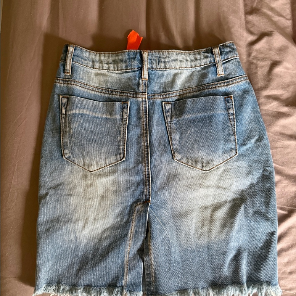 Stylish UM University of Miami Blue Distressed Denim Skirt with Orange Accents - Picture 2 of 3